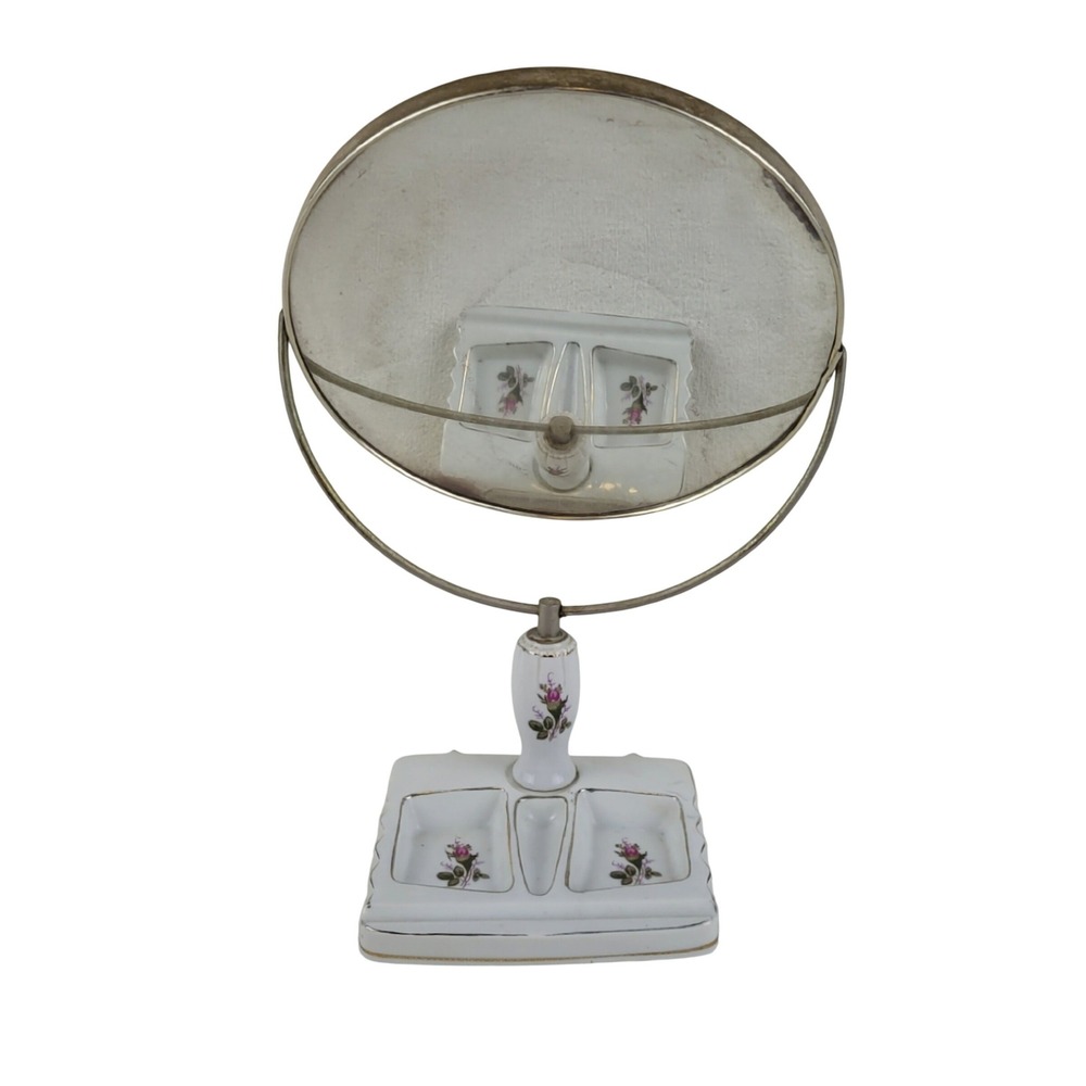 Vintage Japan Ceramic Floral Vanity Mirror Swivel Shaving Mirror w/ Trinket Tray